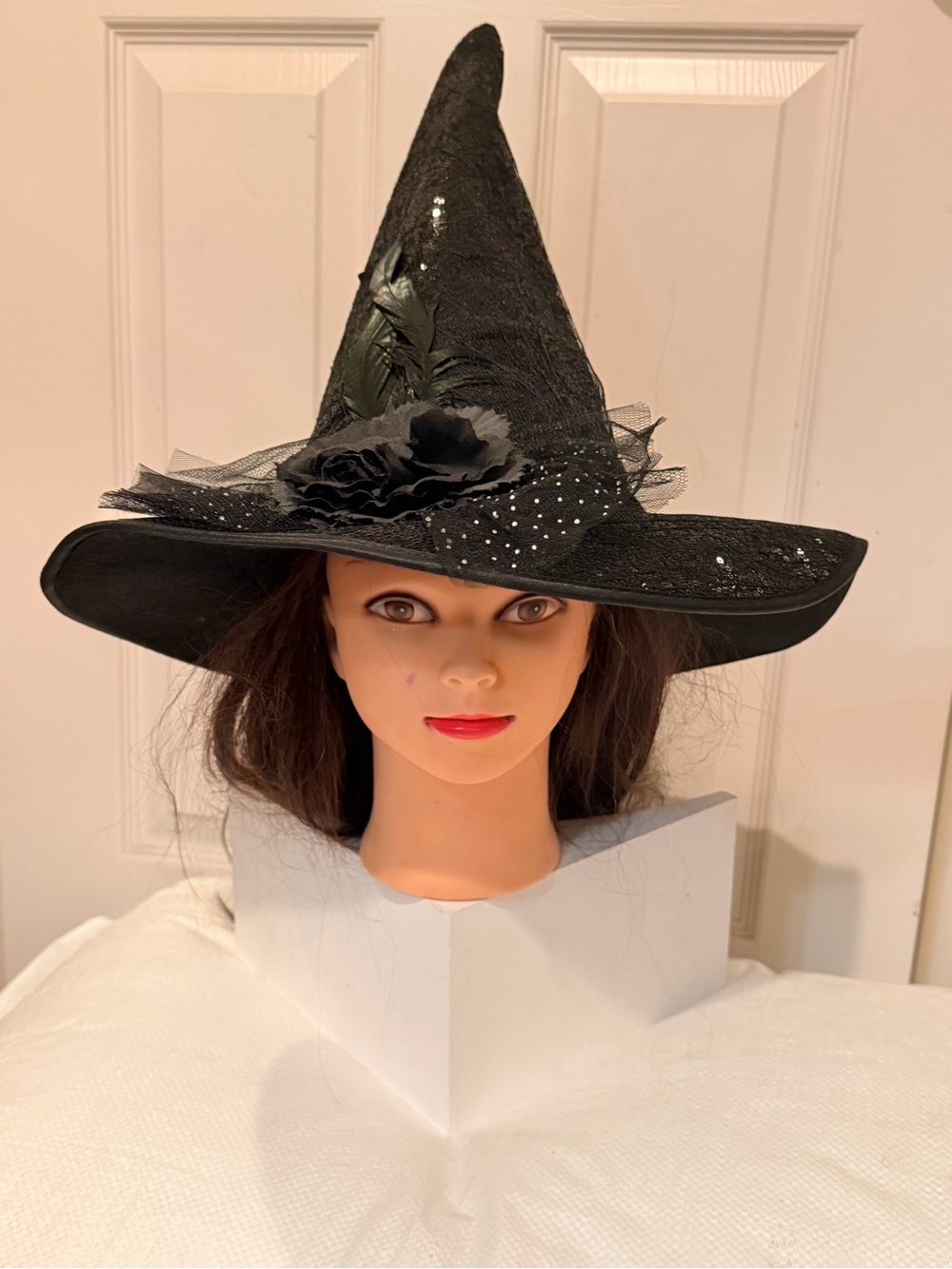 Elegant Black Witch Hat with Floral & Feather Trim